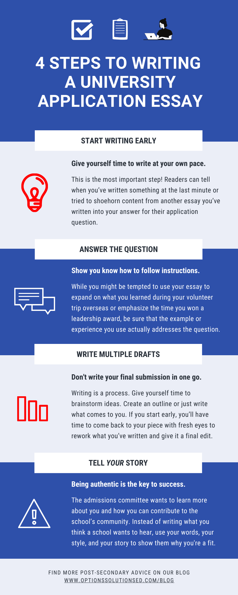Top tips for writing university application essays
1. Start writing early
2. Answer the question
3. Write multiple drafts
4. Tell your story